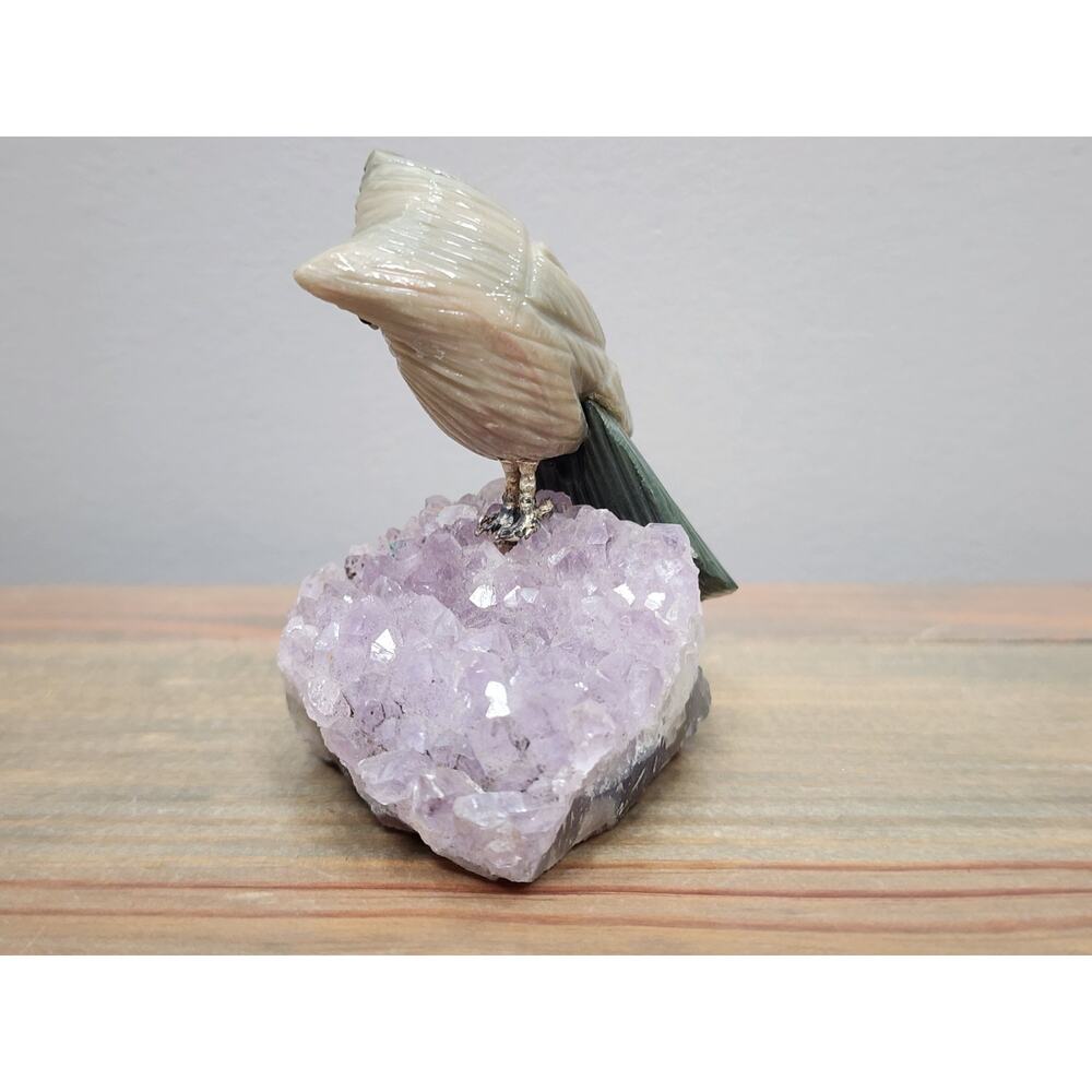 Vintage Hand Carved Gemstone Owl On Amethyst 3" - Picture 2 of 6